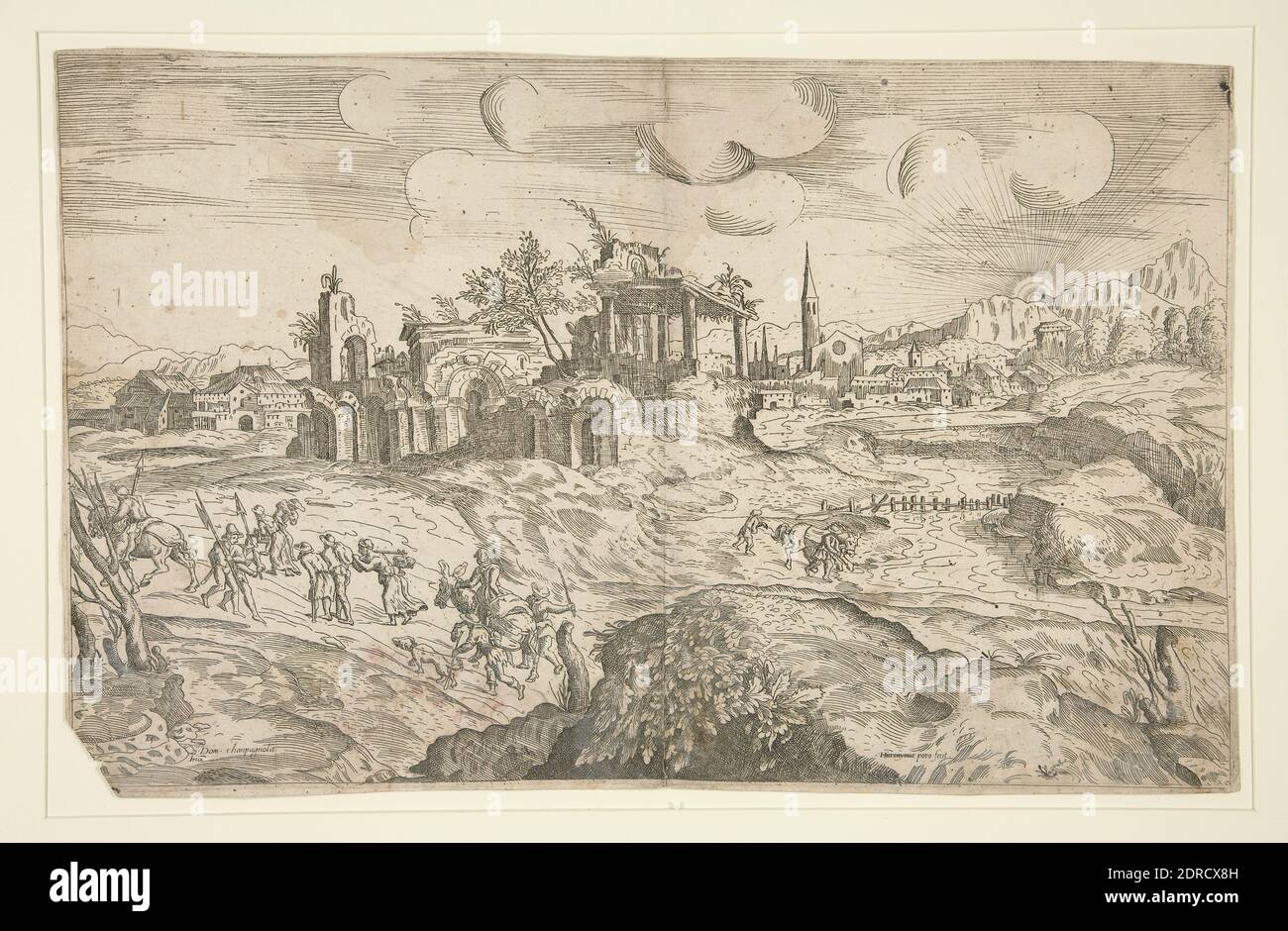 Echer: Girolamo Porro, Italiano, 1520–1604, dopo: Domenico Campagnola, Italiano, 1500–1564, Paesaggio con viaggiatori, incisione, foglio: 24.3 × 38.3 cm (9 9/16 × 15 1/16 in.), Made in Italy, Italiano, XVI secolo, opere su carta - stampe Foto Stock