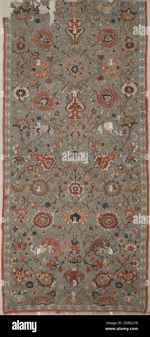 Tappeto con fiori e animali, inizio 17 ° secolo, arazzi di seta, 67 1/2 × 31 pollici. (171.5 × 78.7 cm), Iraniano/Persiano, Islamico, periodo Safavid (1501–1722), tessili Foto Stock