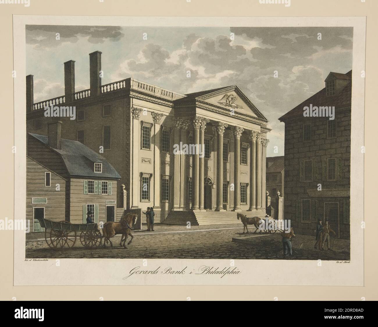 Artista: Carl Fredrik Akrel, Svedese, 1779–1868, dopo: Friherre Axel Leonhard Klinckowström, Svedese, 1775–1837, Gerards Bank i Philadelphia (Banca degli Stati Uniti), acquaforte e acquatinta, colore a mano, foglio: 33.7 × 47.4 cm (13 1/4 × 18 11/16 pollici), Made in Sweden, Swedish, XIX secolo, opere su carta - stampe Foto Stock