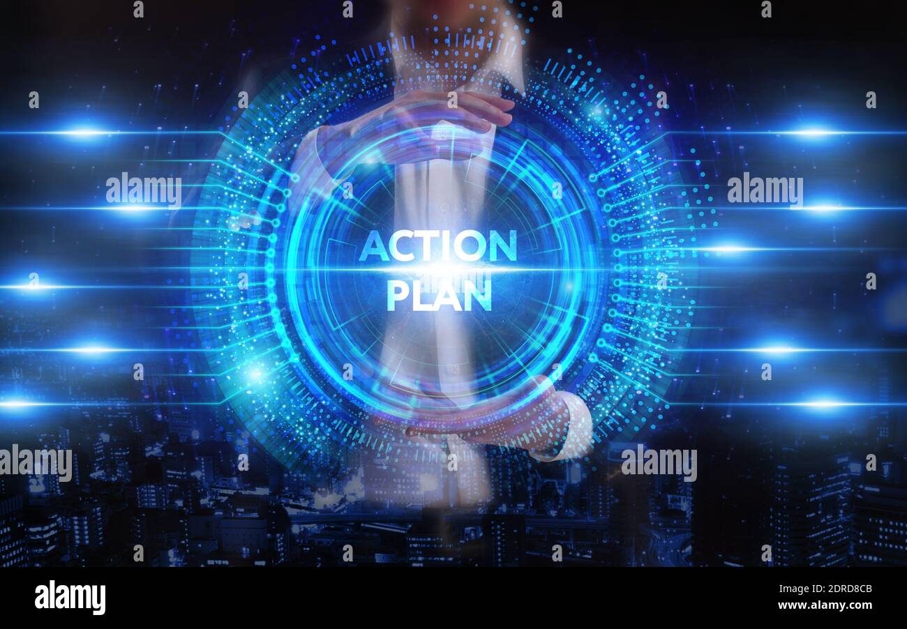 Business, tecnologia, Internet e concetto di rete. Giovane uomo d'affari che lavora su uno schermo virtuale del futuro e vede l'iscrizione: Piano d'azione Foto Stock