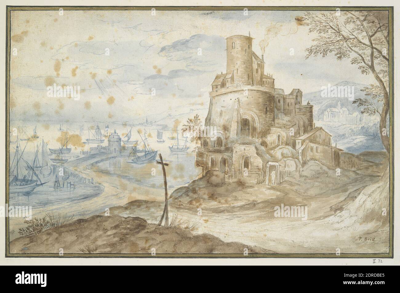 Artista, scuola di: Jan Brueghel il Vecchio, Fiammingo, 1568–1625, Paesaggio con Forte vicino al Porto, 17 ° secolo, inchiostro penna e marrone e pennello e inchiostro blu e marrone e lavaggio marrone e blu, tracciato per trasferimento, foglio: 11.9 × 31.3 cm (4 11/16 × 12 5/16 in.), Made in Fiandre, Fiandre, 17 ° secolo, opere su carta - disegni e acquerelli Foto Stock