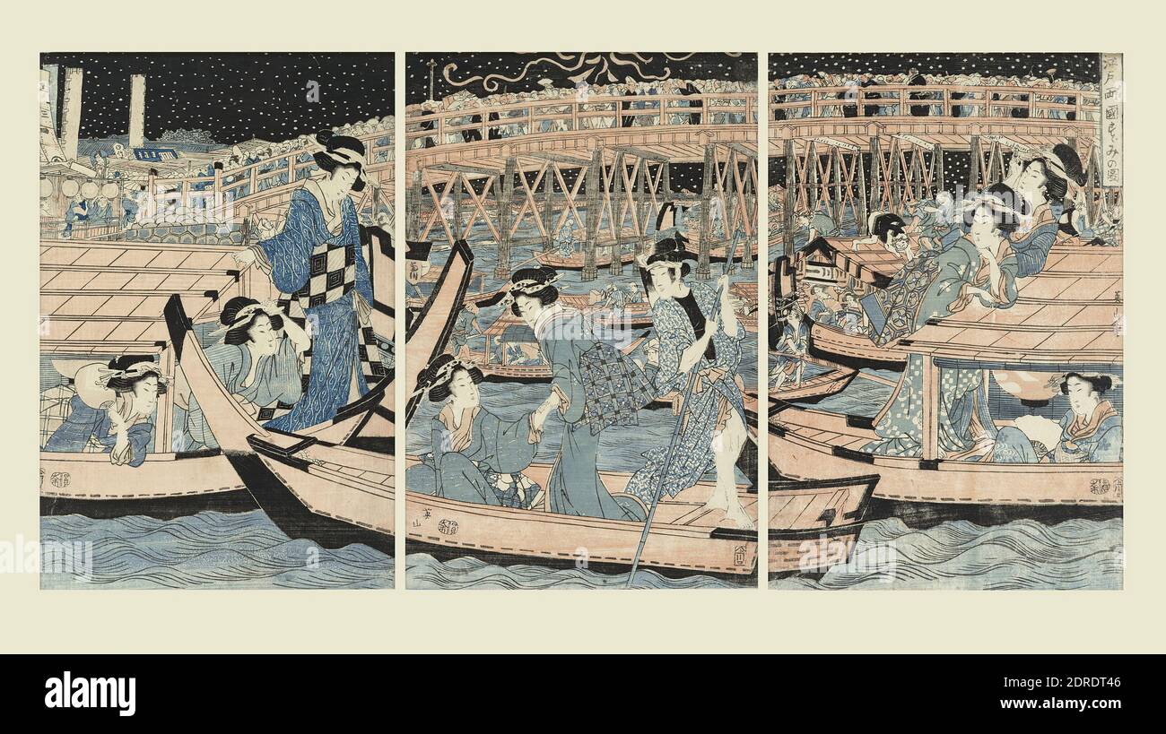Artista: Kikugawa Eizan, giapponese, 1787–1867, raffreddamento da Ryogoku Bridge, 19 ° secolo, Trittico; stampa policromo in blocchi di legno, immagine: 14 3/4 × 10 1/16 pollici. (37.465 × 25.559 cm), Giappone, Giapponese, periodo Edo (1615–1868), opere su carta - stampe Foto Stock