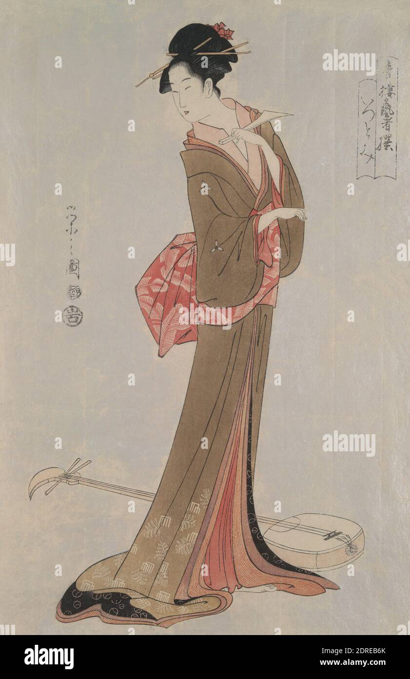 Artista: Hosoda Eishi, giapponese, 1756–1829, The Geisha Itsutomi: Geisha selezionato dal Pleasure Quarters, stampa in blocco di legno policromo ; sfondo mica, foglio: 14 3/4 × 9 3/4 pollici. (37.5 × 24.8 cm), Giappone, Giapponese, periodo Edo (1615–1868), opere su carta - stampe Foto Stock