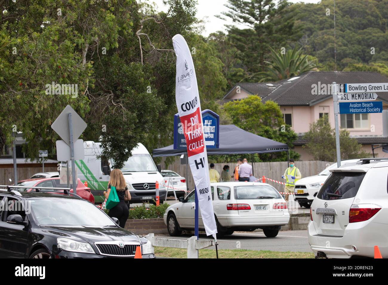 Avalon Beach Sydney pop up covid 19 clinica di test a seguire Focolaio a Avalon Beach Bowl e RSL, Sydney, Australia Foto Stock