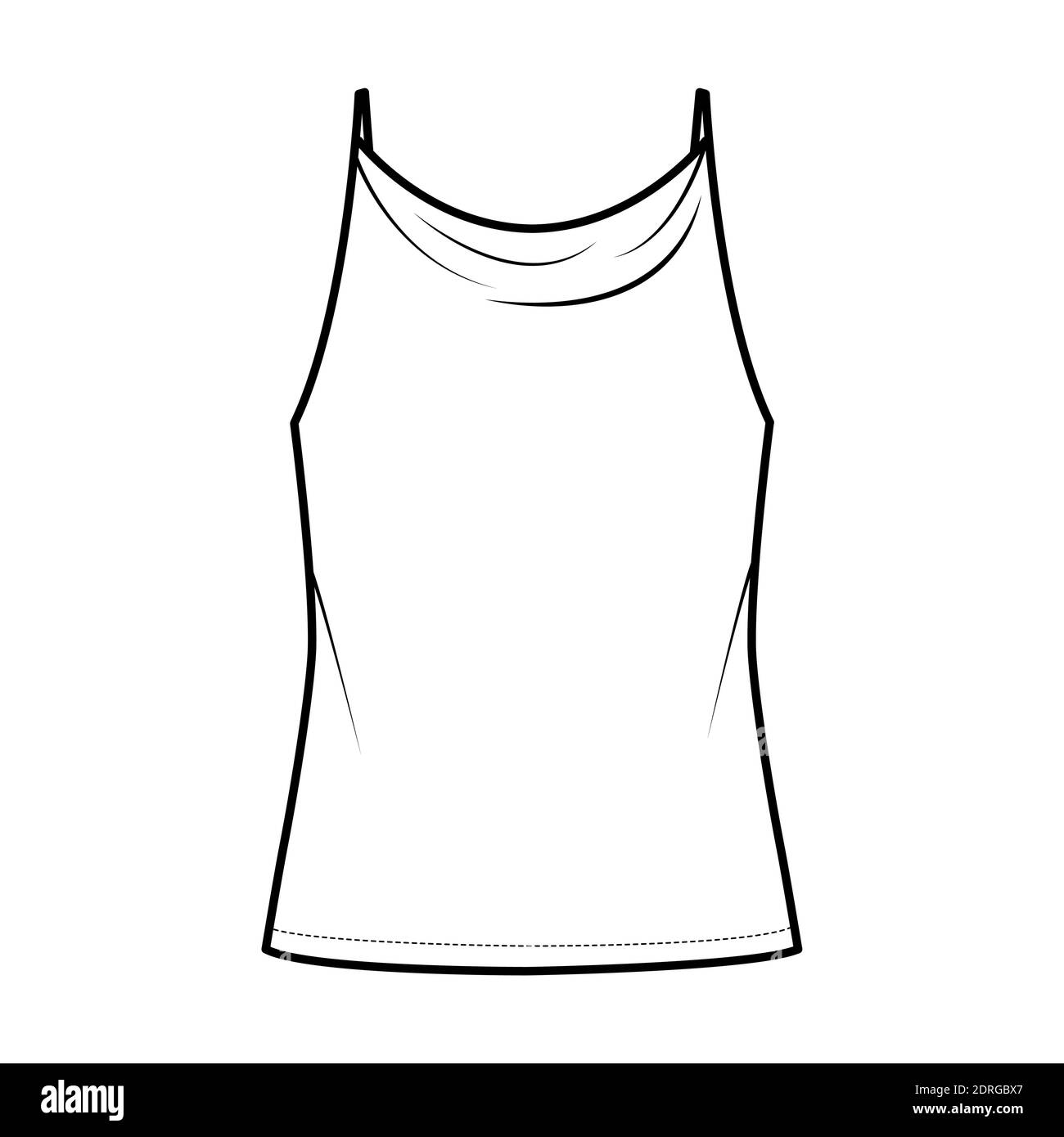 Cupolino alto serbatoio Camisole illustrazione tecnica moda con sottili cinghie regolabili, oversize, lunghezza tunic. Outwear di abbigliamento piatto con mascherina anteriore, colore bianco. Donne uomini Unisex CAD mockup Illustrazione Vettoriale