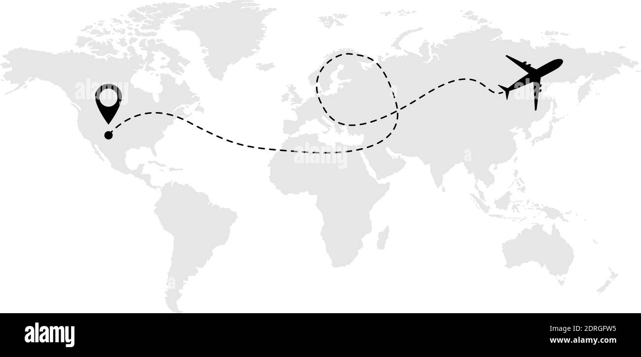 Icona vettore di linea aerea della rotta di volo aereo con punto di partenza e traccia di linea . Illustrazione Vettoriale