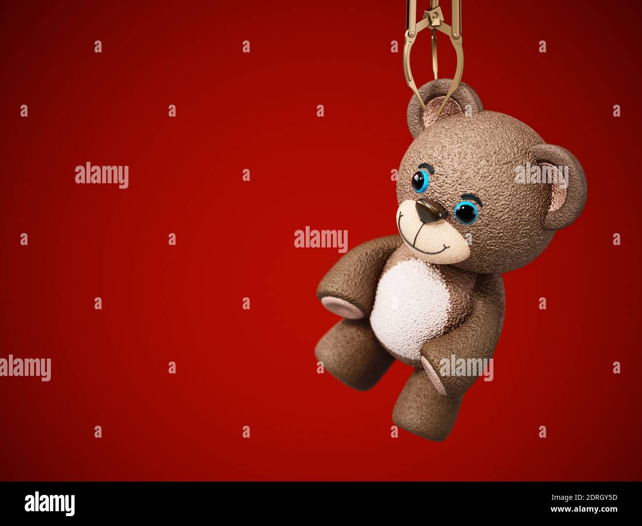 Macchinario giocattolo per artigli che tiene un orsacchiotto. Illustrazione 3D. Foto Stock