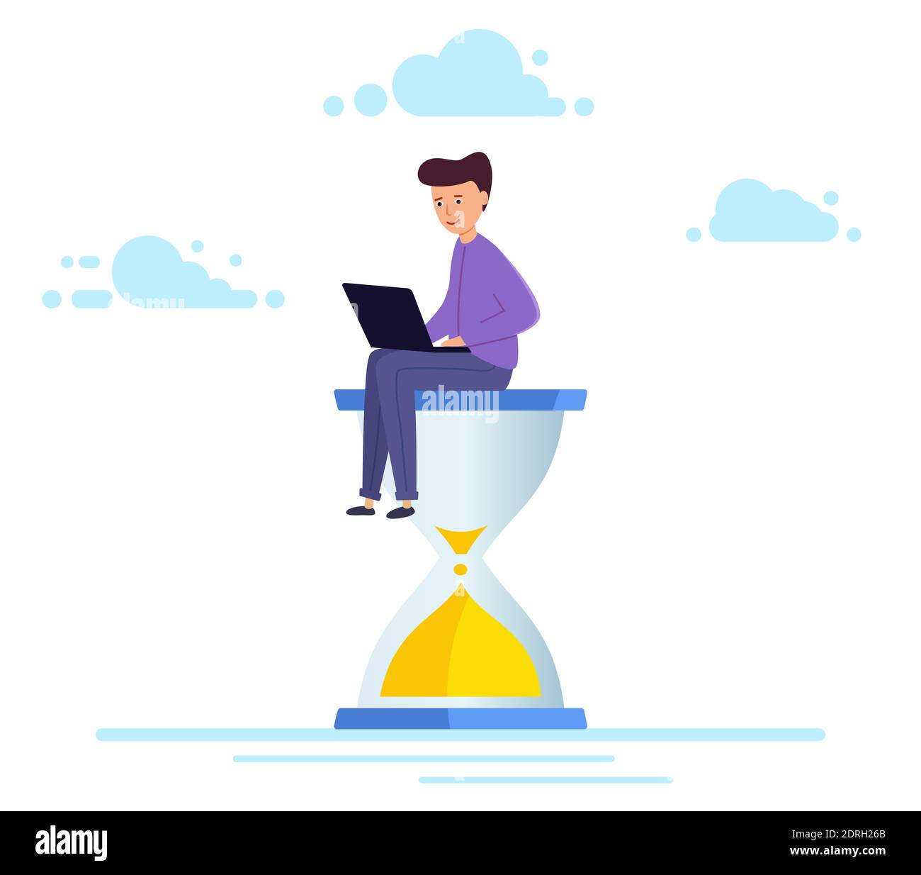 Il lavoratore in ufficio si siede su una clessidra e lavora su un laptop processo aziendale, scadenza, lavoro di fretta. Illustrazione vettoriale in stile moderno piatto Illustrazione Vettoriale