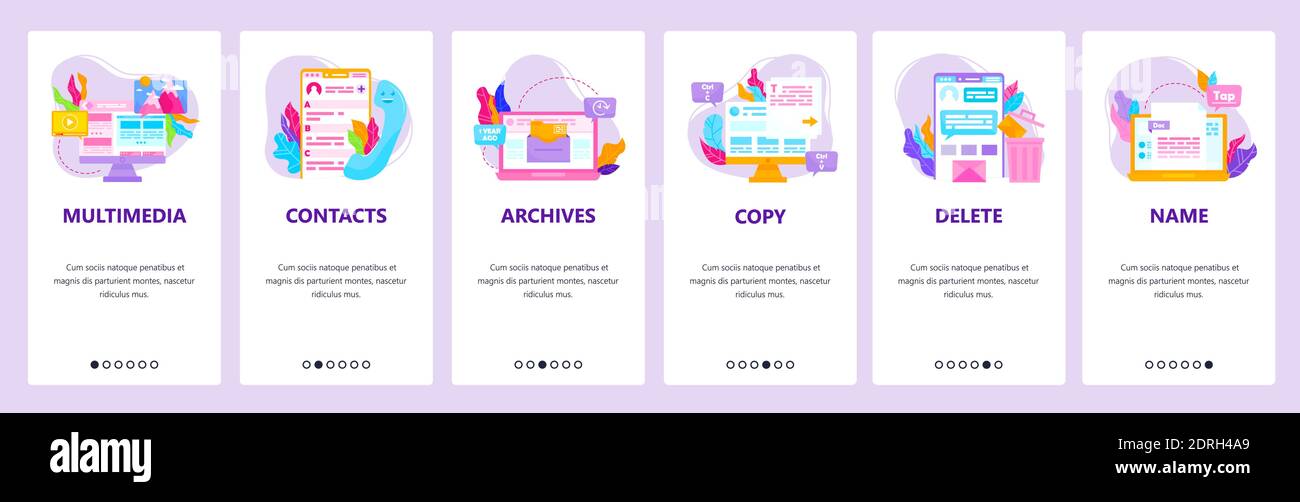 Gestione dei dati, azioni con file. Contatti, archiviazione, copia, eliminazione. Schermate delle app mobili, modello di banner per siti Web vettoriali. Illustrazione Vettoriale