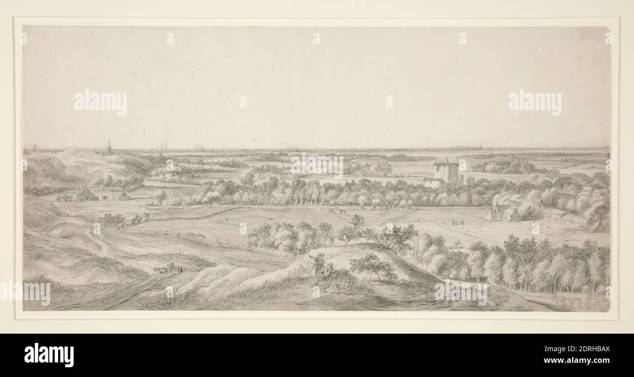 Artista: Anthonie Waterloo, olandese, 1610–1690, Paesaggio: Le dune vicino a Harlem, gesso nero e lavaggio grigio, foglio: 25.08 × 51.12 cm (9 7/8 × 20 1/8 pollici), Made in the Netherlands, Dutch, 17 ° secolo, opere su carta - disegni e acquerelli Foto Stock