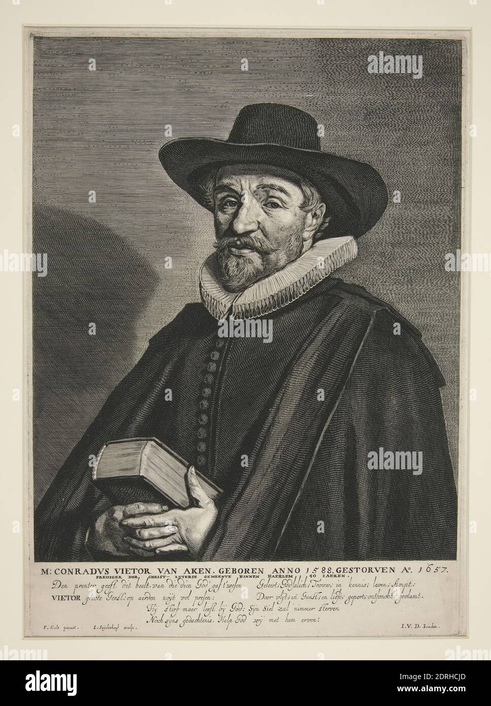 Etcher: Jonas Suyderhoef, olandese, ca. 1613–1686, dopo: Frans Hals, olandese, ca. 1582/83–1666, Ritratto del Ministro Conrad Vietor van Aken, incisione, 32.1 × 23.1 cm (12 5/8 × 9 1/8 pollici), Made in the Netherlands, Dutch, 17 ° secolo, opere su carta - stampe Foto Stock