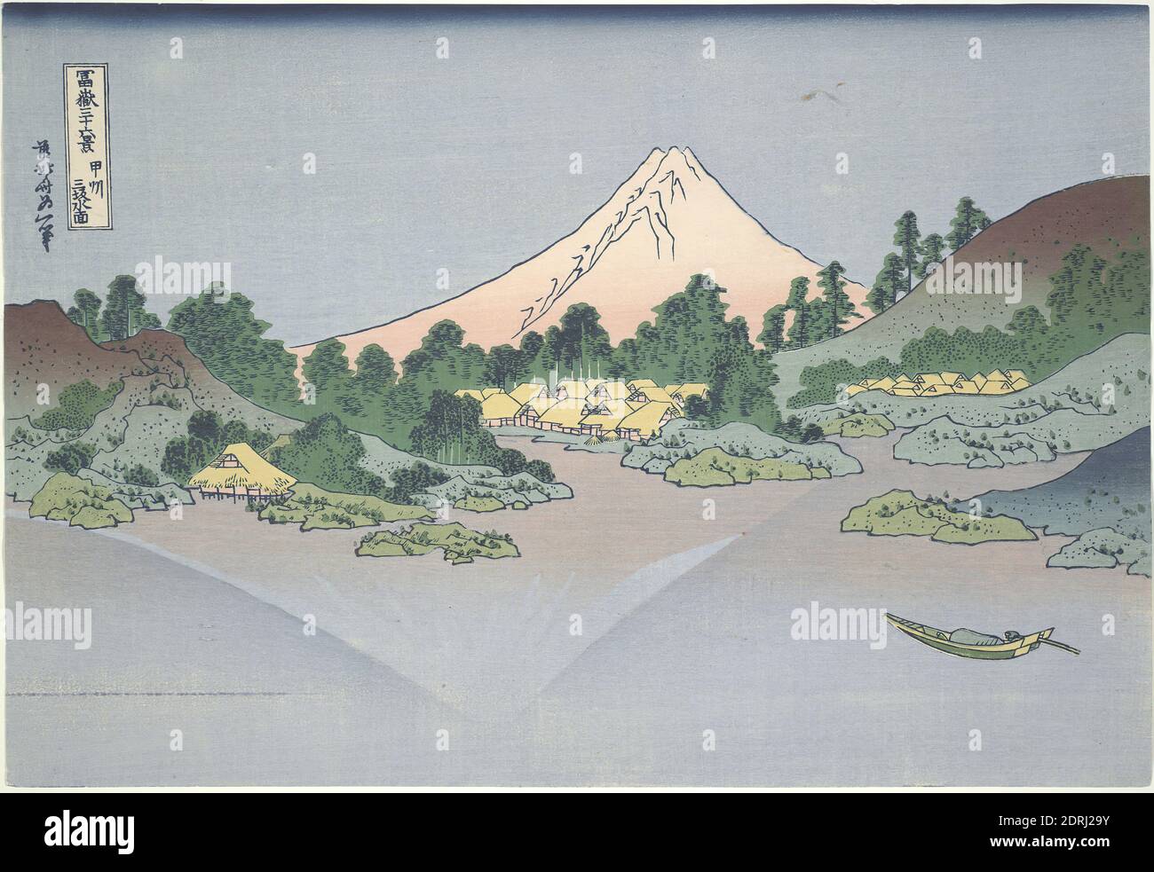 Artist: Katsushika Hokusai, Japanese, 1760–1849, Reflection of Fuji in Lake Misaka in Kai Province, from the series trentasei views of Mount Fuji, ca. 1831, Ukiyo-e: Stampa in blocco di legno policromo, blocco chiave blu, foglio: 10 1/4 × 15 1/16 in. (26 × 38.2 cm), , Giappone, Giapponese, periodo Edo (1615–1868), opere su carta - stampe Foto Stock