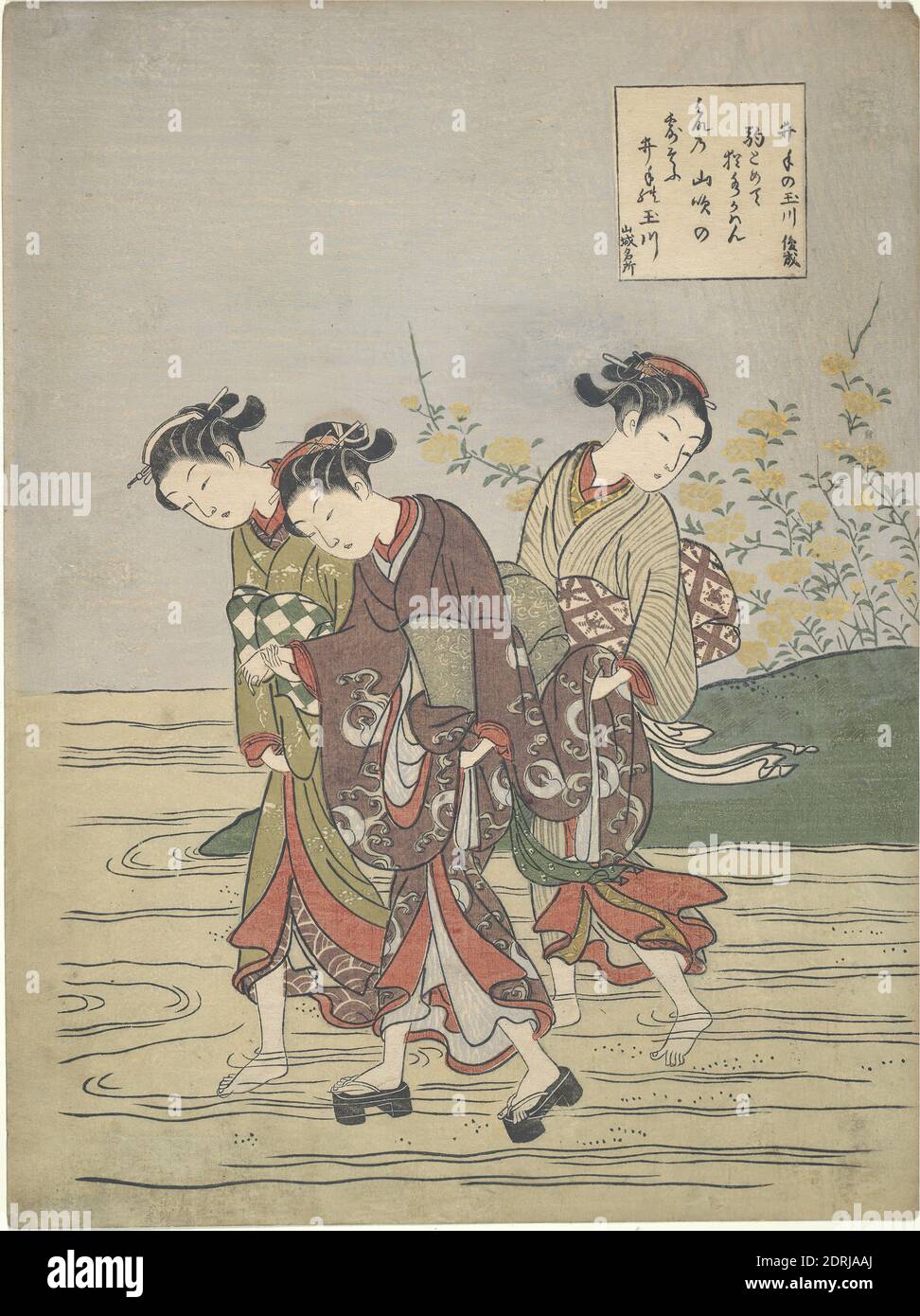 Artist: Suzuki Harunobu, Japanese, 1725–1770, Girls Fording the IDE no Tamagawa, stampa in blocco di legno policromo, foglio: 11 × 8 1/4 pollici. (27.9 × 21 cm), Giappone, Giapponese, periodo Edo (1615–1868), opere su carta - stampe Foto Stock