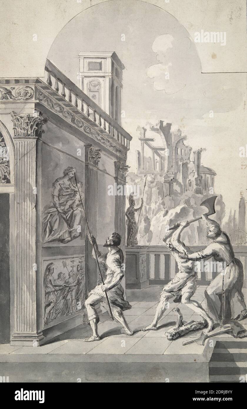 Soggetto non identificato (tre figure su un set di palcoscenici?), penna e inchiostro marrone e lavaggio grigio, foglio: 34 × 22.1 cm (13 3/8 × 8 11/16 pollici), Made in France, French, 17 ° secolo, opere su carta - disegni e acquerelli Foto Stock