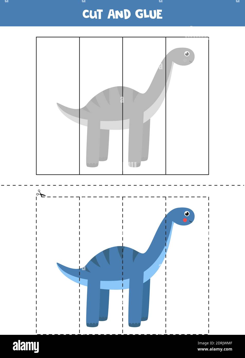 Taglia e colla gioco per bambini. Simpatico dinosauro blu. Pratica di taglio per i preschoolers. Foglio di lavoro didattico per bambini. Illustrazione Vettoriale