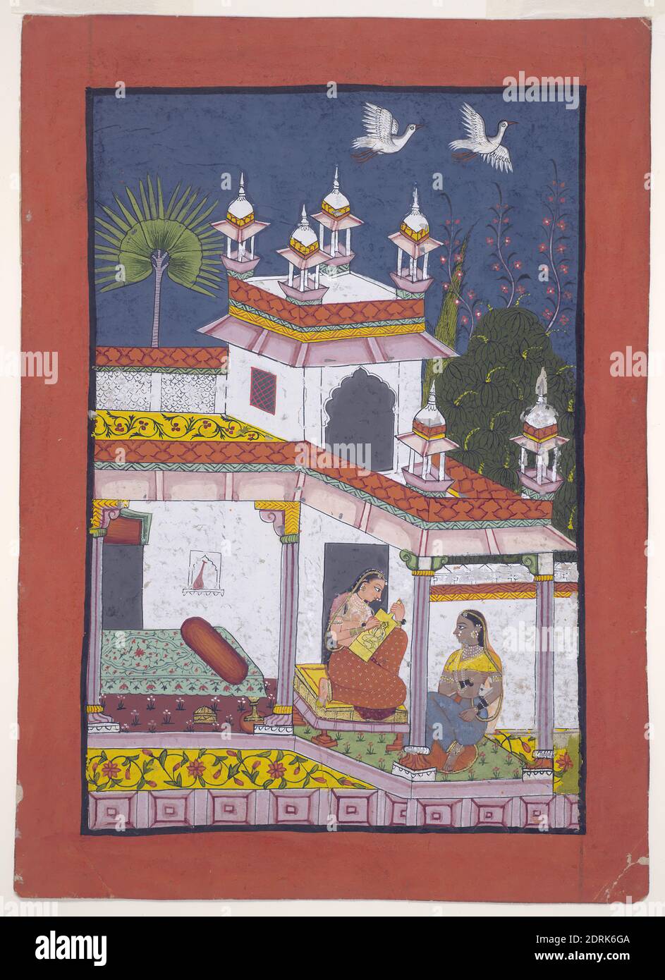 Ragini Dhanasri, da una Garland di modi musicali (Ragamala), ca. 1630, acquerello opaco su carta, 8 3/16 × 5 1/2 pollici (20.8 × 13.9 cm), un modo musicale eseguito in serata, Ragini Dhanasri è qui raffigurato in un ambiente sontuoso accompagnato da una donna attendente. Disegna una foto del suo amante, mentre il letto vuoto alla sua sinistra allude alla sua assenza. La coppia di gru che si eleva sopra il palazzo si riferisce all’eventuale riunione degli amanti. , India, India, dinastia Mughal (1526–1857), dipinti Foto Stock