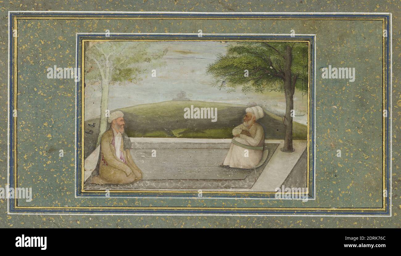 Mulla Shah e Mian Mir su una terrazza, ca. 1630 s, acquerello opaco su carta, 2 5/8 × 4 1/16 poll. (6.7 × 10.3 cm), India, India, Islamica, dinastia Mughal (1526–1857), dipinti Foto Stock