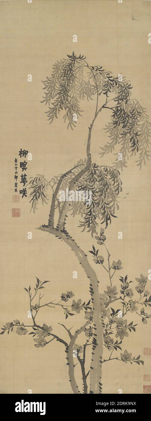 Artista: Jin Nong, cinese, 1687–1764, Willow Tree and Blossoming Peach, 18 ° secolo, scroll Hanging, inchiostro su seta, senza montaggio: 42 3/4 × 16 3/4 pollici. (108.6 × 42.5 cm), Cina, cinese, dinastia Qing (1644–1911), dipinti Foto Stock