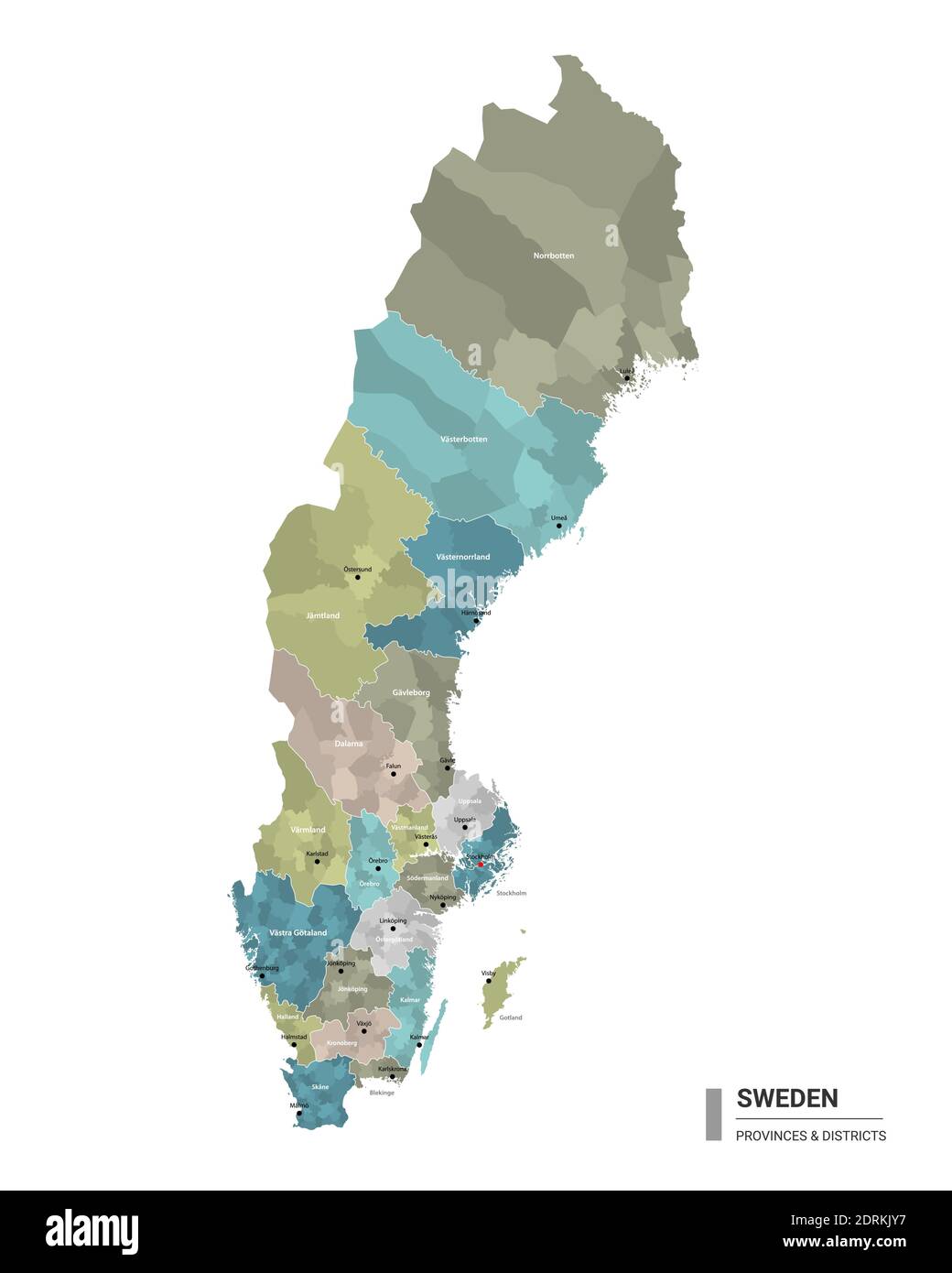 La Svezia ha una mappa dettagliata con suddivisioni. Mappa amministrativa della Svezia con il nome dei distretti e delle città, colorata per stati e distretto amministrativo Illustrazione Vettoriale