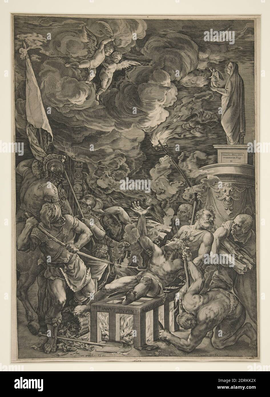 Incisore: Cornelis Cort, olandese, 1533?–1578, dopo: Tiziano (Tiziano Vecellio), italiano, Venezia, ca. 1488–1576, il martirio di San Lorenzo, incisione, platemark: 49.2 × 34.9 cm (19 3/8 × 13 3/4 in.); foglio: 33.5 × 39.7 cm (13 3/16 × 15 5/8 in.), fabbricato in Olanda, olandese, XVI secolo, opere su carta - stampe Foto Stock