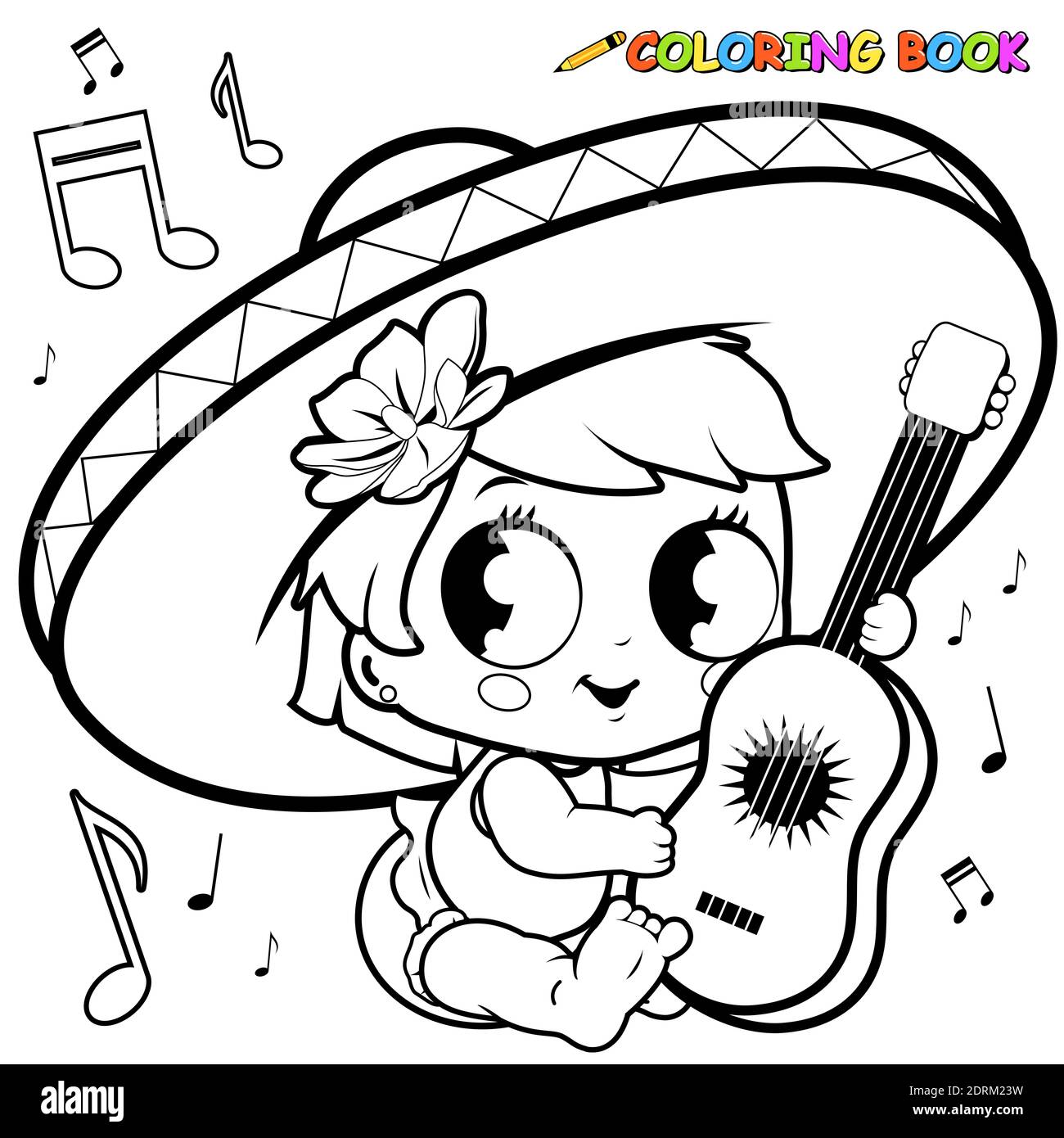 Bella bambina mariachi che suona la chitarra e canta. Cinco de Mayo, festa messicana con baby shower con bimba e cappello da sombrero. Pagina da colorare. Foto Stock
