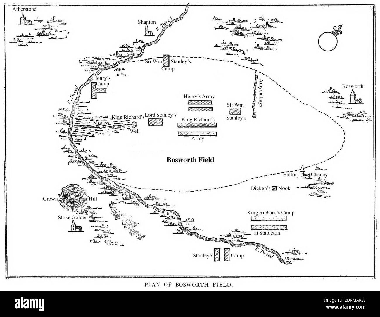 Piano del campo di Bosworth. La battaglia finale delle Guerre delle Rose, 22 agosto 1485, fu vinta dai Lancastriani quando fu ucciso Richard III della Casa di York (etichette recise). Foto Stock
