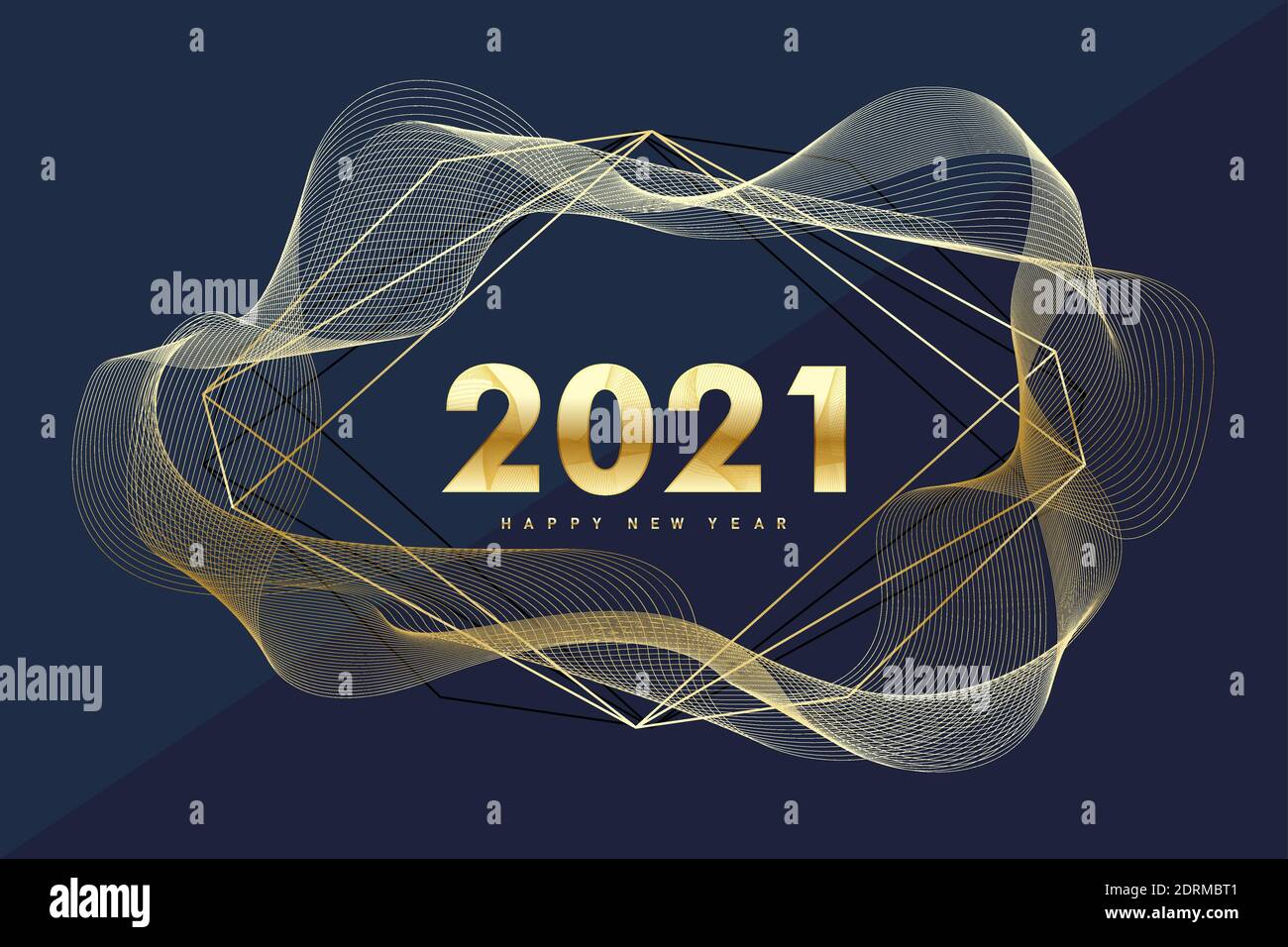 Buon Natale e Felice Capodanno 2021 biglietto d'auguri con onde dorate e linee. Illustrazione vettoriale. Illustrazione Vettoriale