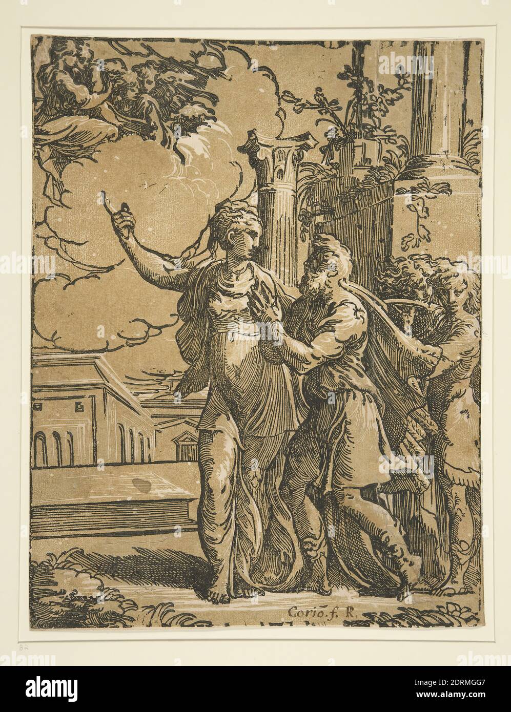 Taglialegno: Antonio da Trento, italiano, 1508–1550, dopo: Parmigianino, italiano, 1503–1540, Augusto e il Tiburtino Sibyl, taglio a legno Chiaroscuro da due blocchi, foglio: 34.61 × 26.99 cm (13 5/8 × 10 5/8 in.), Made in Italy, Italiano, XVI secolo, opere su carta - stampe Foto Stock