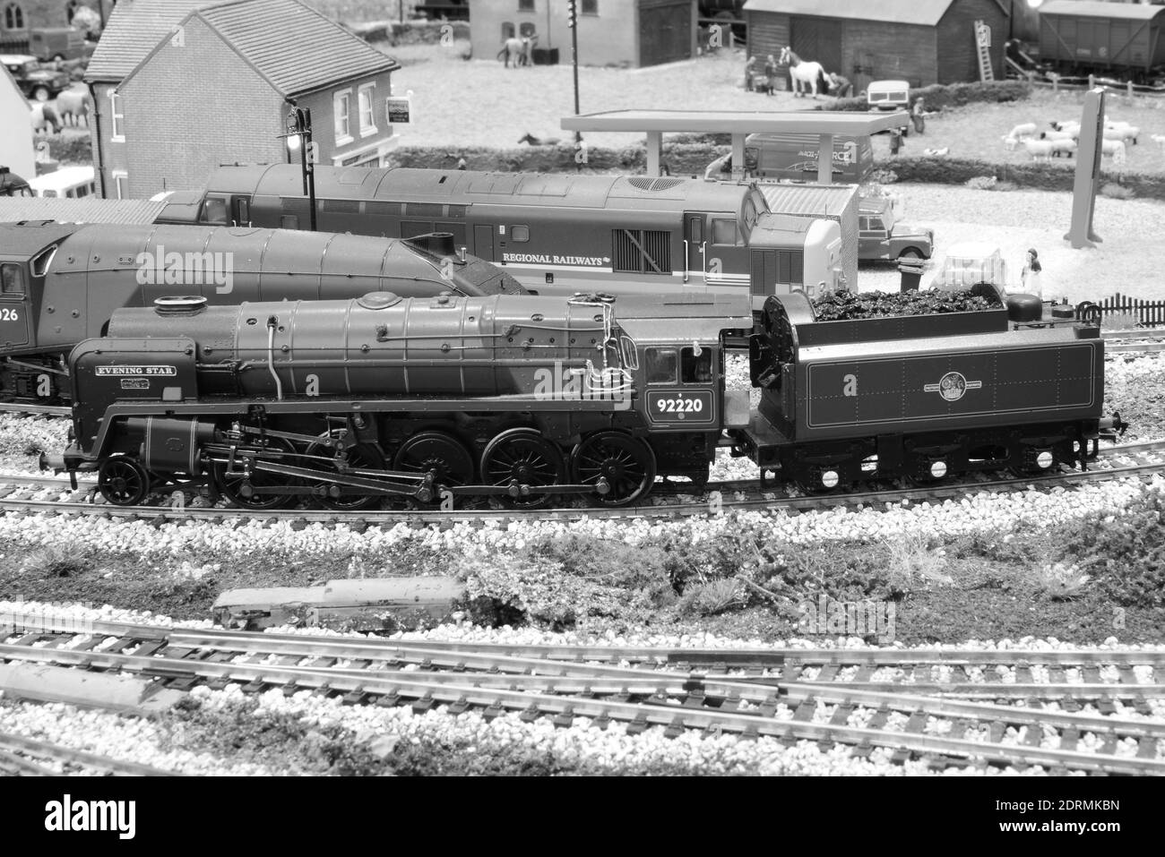 Un modello di Evening Star una locomotiva di classe 9F su un modello ferroviario Foto Stock