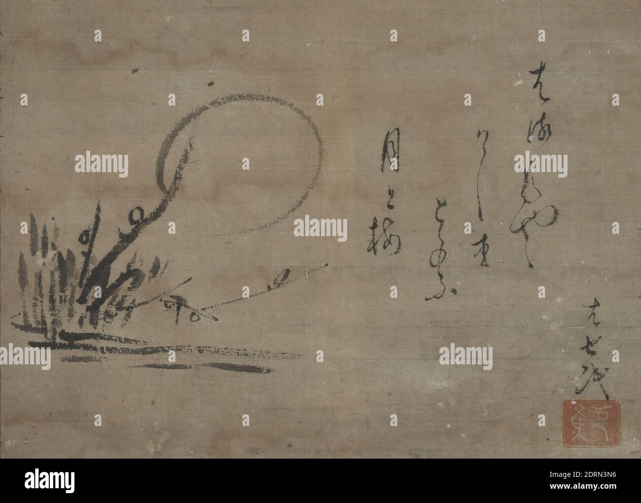 Artista: Matsuo Basho, giapponese, 1644–1694, Tsuki a Ume (Luna e fiori di prugna), con poema di haiku, primo mese del 1693, scroll di visualizzazione, inchiostro su carta, senza montaggio: 12 1/16 × 16 5/8 pollici. (30.7 × 42.2 cm), Giappone, Giappone, Giappone, periodo Edo (1615–1868), dipinti Foto Stock