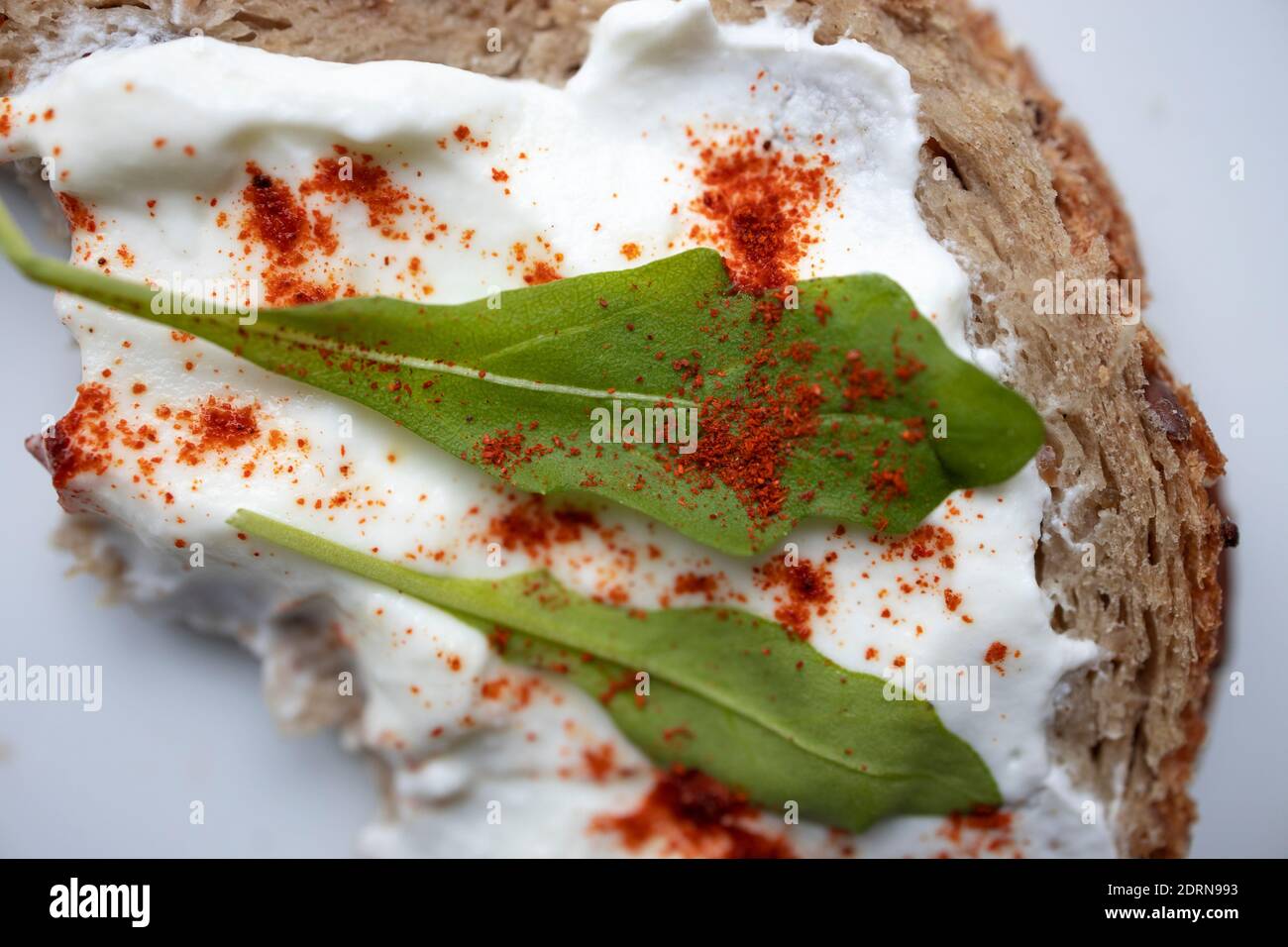 Pane sano senza lievito con panna acida e rucola serviti Foto Stock