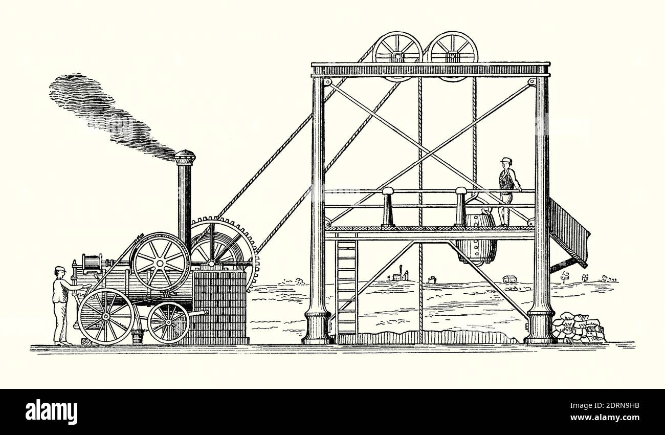 Una vecchia incisione di uomini che azionano attrezzi di avvolgimento in una miniera che è alimentato da una locomotiva a vapore nel 1800. E 'da un libro vittoriano del 1880. Questa illustrazione è insolita in quanto la maggior parte dei motori a serpentine erano fissi. Una vasca è sollevata da un albero di miniera e un palo di carbone è visto a destra. Gli ingranaggi di avvolgimento sono stati usati per controllare un cavo o una fune, solitamente per alimentare un paranco da miniera ad una testa di pozzo. I primi motori a spirale erano alimentati a mano o a cavallo. La domanda di motori a spirale è stata una delle ragioni che ha portato James Watt a sviluppare il suo motore a trave rotante, che ha girato un tamburo di avvolgimento, potrebbe arrestarsi spesso e invertire. Foto Stock