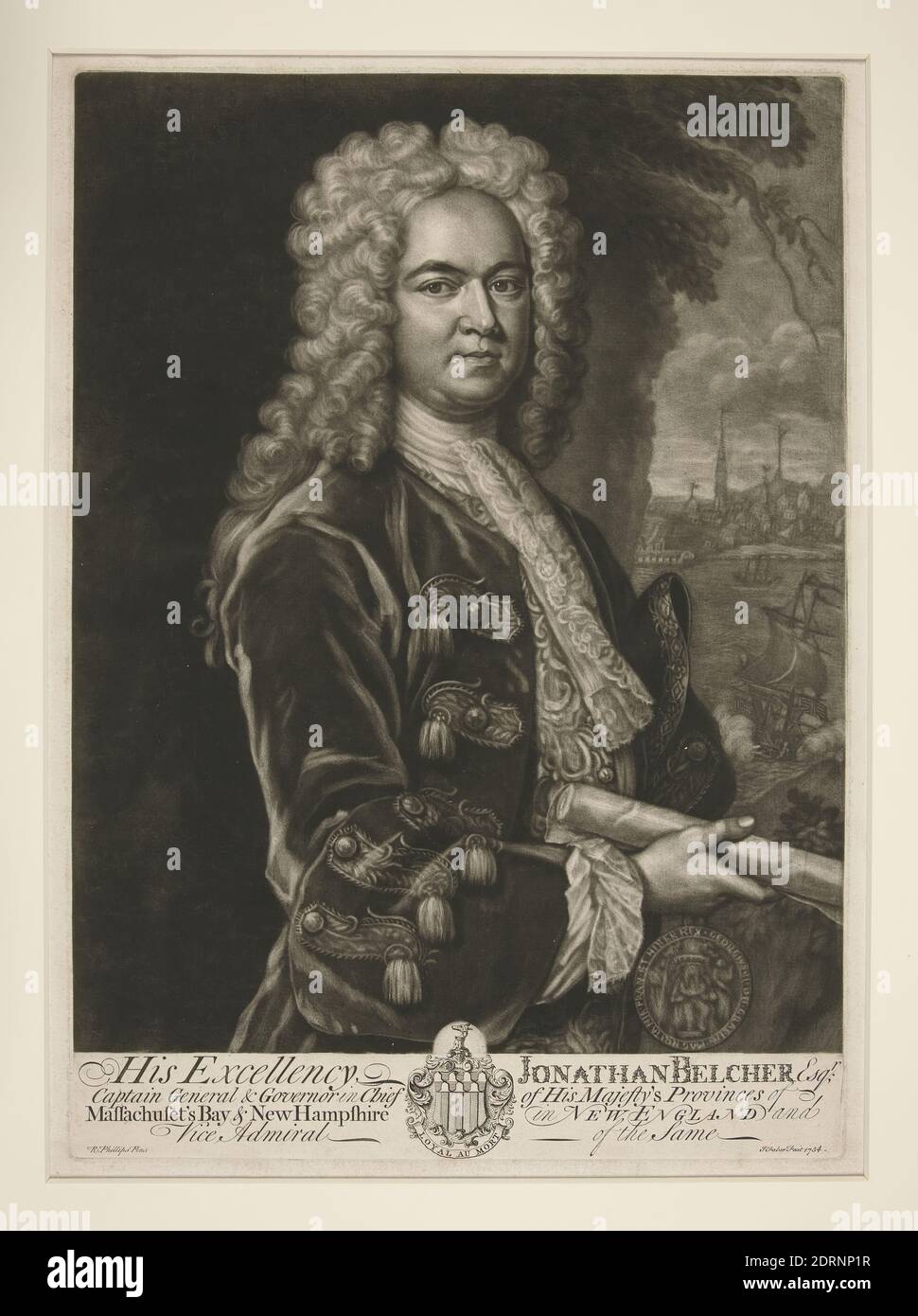 Artista: John Faber, il giovane, britannico, nato Olanda, 1684–1756, dopo: Richard Phillips, British, 1681–1741, sua Eccellenza Jonathan Belcher, Esq., Mezzotint, foglio: 37 × 27 cm (14 9/16 × 10 5/8 in.), Made in United Kingdom, British, 18 ° secolo, opere su carta - stampe Foto Stock