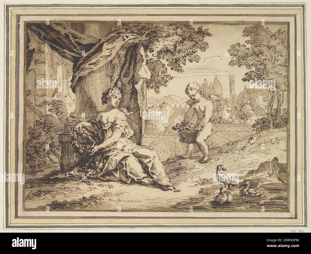 Artista: Paul van Somer, olandese, ca. 1649-1694, Donne sedute sotto pilastro con putto, metà del tardo XVII secolo, penna e inchiostro marrone, foglio: 11.8 × 16.4 cm (4 5/8 × 6 7/16 in.), Made in the Netherlands, Dutch, 17 ° secolo, opere su carta - disegni e acquerelli Foto Stock