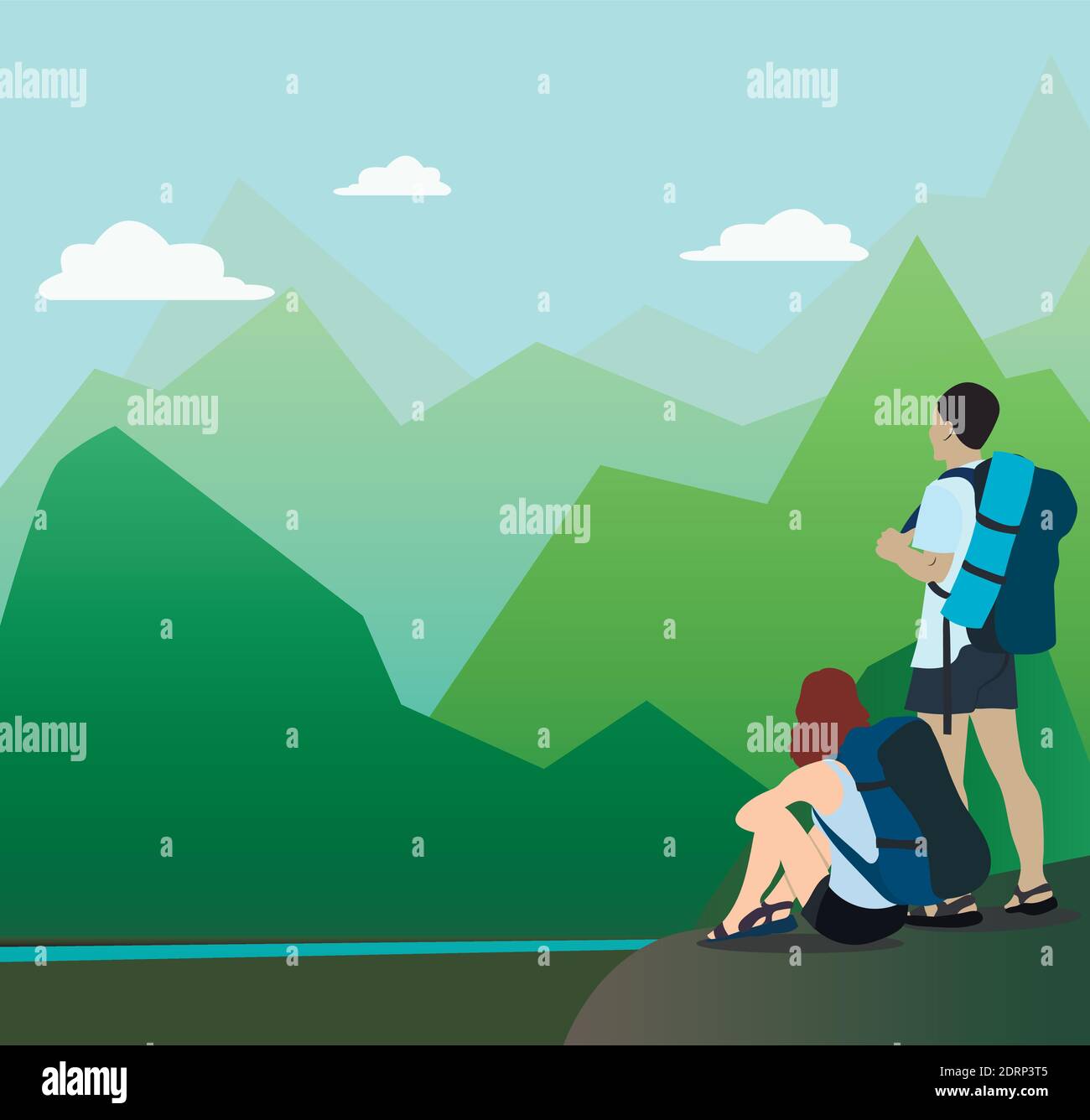 Uomo e donna che cammina su un sentiero di montagna e guardando un orizzonte Illustrazione Vettoriale