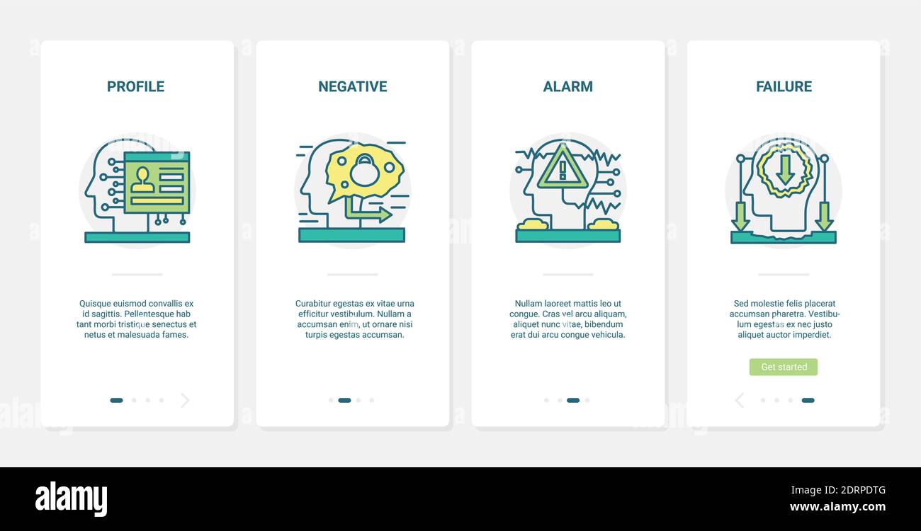 Reazione di stress negativa, illustrazione vettoriale del processo cerebrale umano. UX, UI onboarding mobile app page set di schermate con simboli di allarme di guasto di linea, risultato negativo di lavoro difficile, brainstorming non riuscito Illustrazione Vettoriale