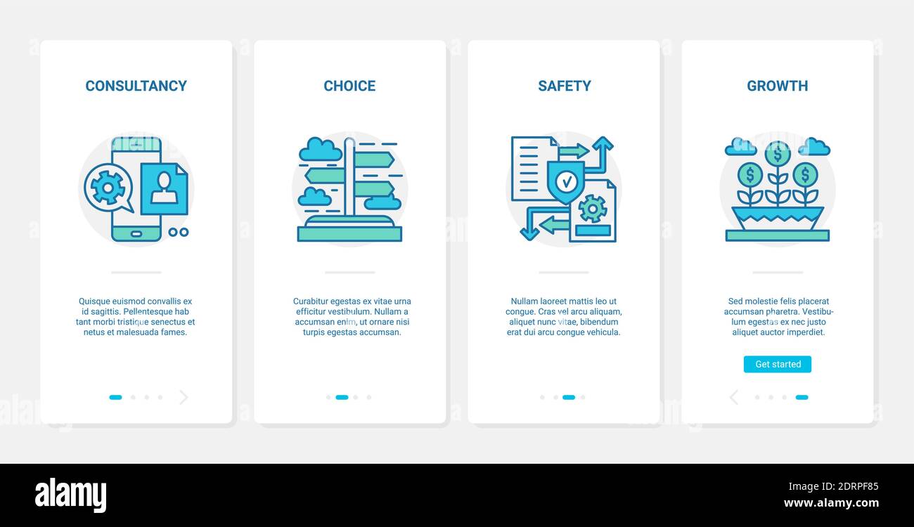 Consulenza aziendale sulla crescita degli investimenti illustrazione vettore. UX, UI onboarding mobile app page set con line safe online consulente di consulenza simboli di servizio, sicurezza di sostegno finanziario Illustrazione Vettoriale