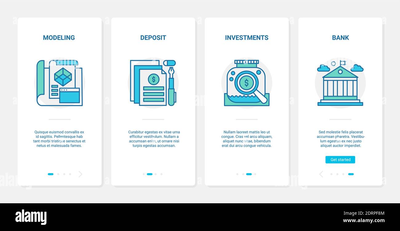 Illustrazione del vettore di investimento bancario e di deposito finanziario. UX, UI onboarding mobile app page set con line Financial investing symbols, gestione bancaria, tecnologia di modellazione del budget monetario Illustrazione Vettoriale