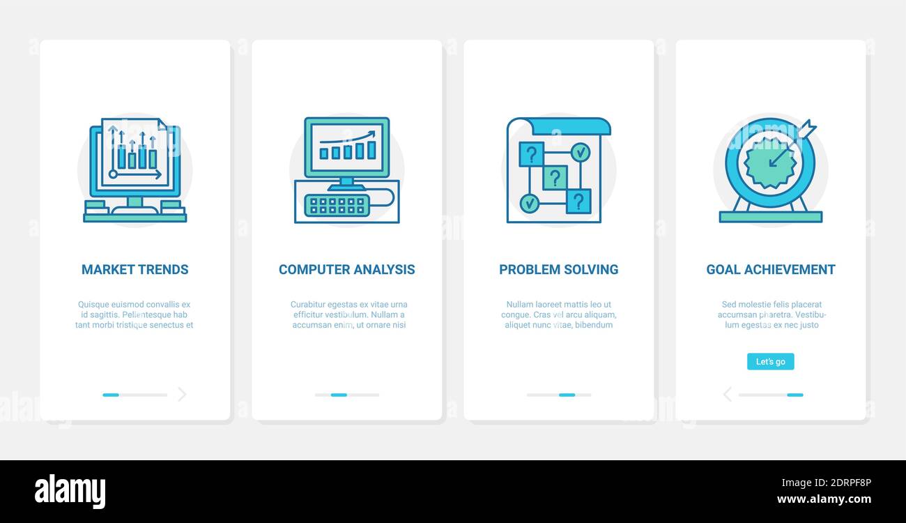 Analisi dei dati delle tendenze aziendali e illustrazione vettoriale dell'analisi. UX, UI onboarding mobile app page set con line trendy business consulenza servizio, finanza risoluzione dei problemi, obiettivo di raggiungimento Illustrazione Vettoriale