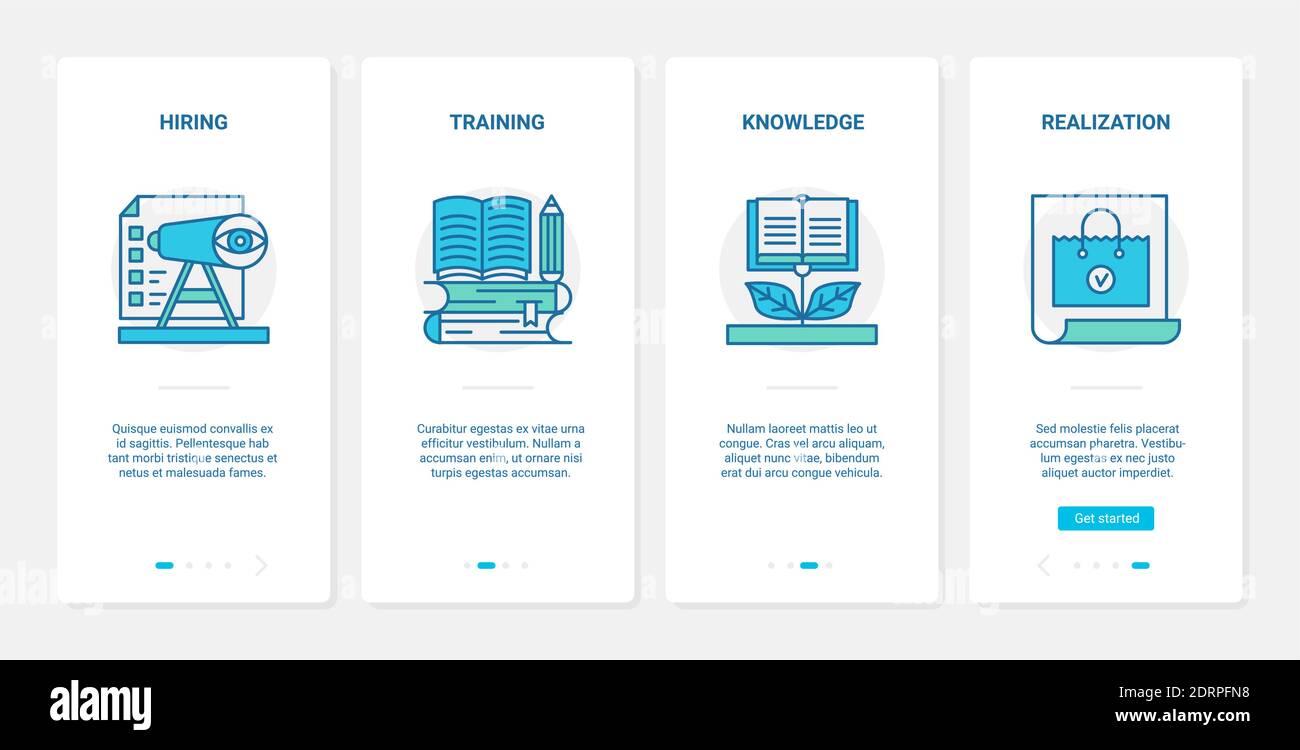 Illustrazione del vettore di formazione per reclutamento di assunzioni aziendali. UX, UI onboarding mobile app page set con line hr reclutamento, visione personale di uomo d'affari specialista, simboli di formazione della conoscenza Illustrazione Vettoriale