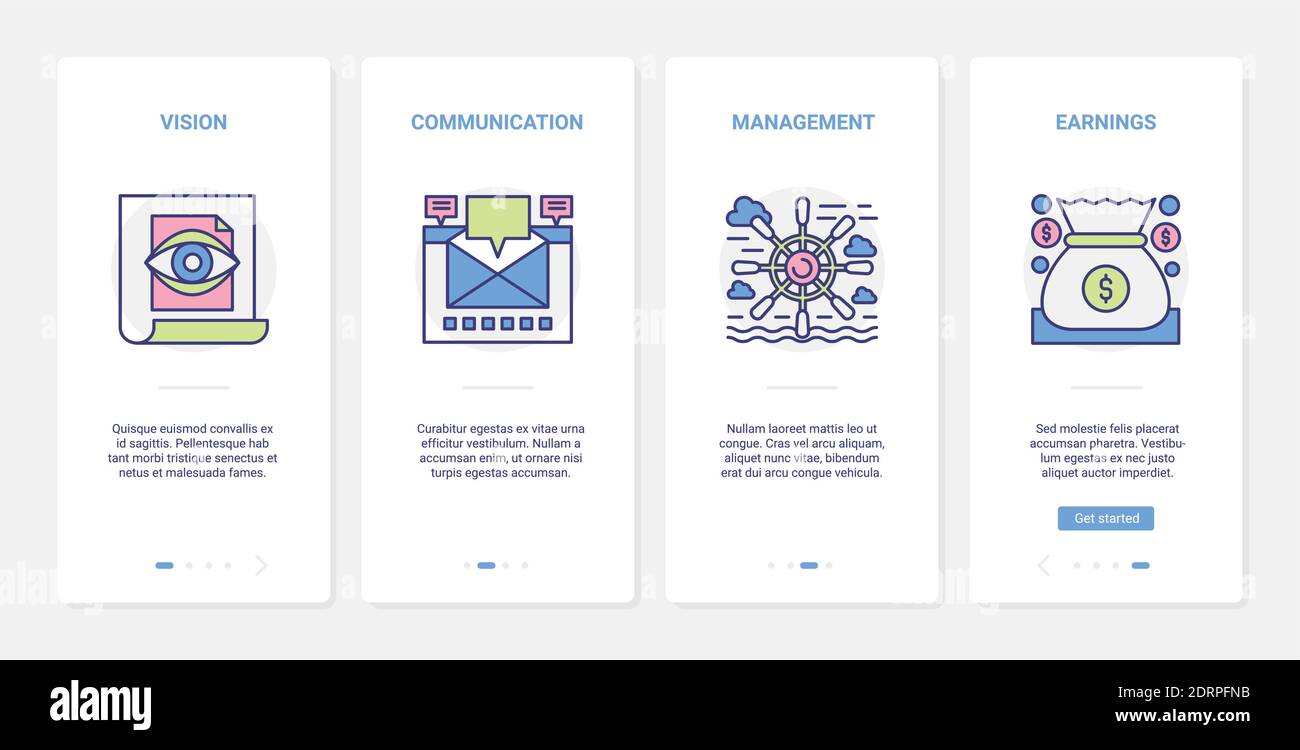 Gestione aziendale, illustrazione vettoriale della strategia di comunicazione. UX, UI onboarding mobile app page set con line Opportunity vision di leader manager, comunicare, aumentare i simboli dei guadagni Illustrazione Vettoriale