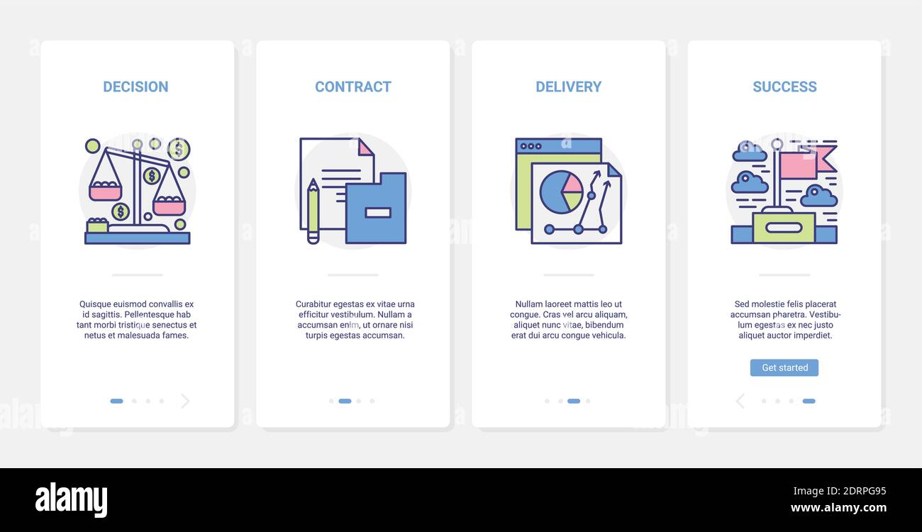 Decisione finale, illustrazione del vettore del contratto di successo di affari. UX, UI onboarding mobile app page set con riga firma con successo documento contratto, consegna, processo decisionale scale simboli Illustrazione Vettoriale