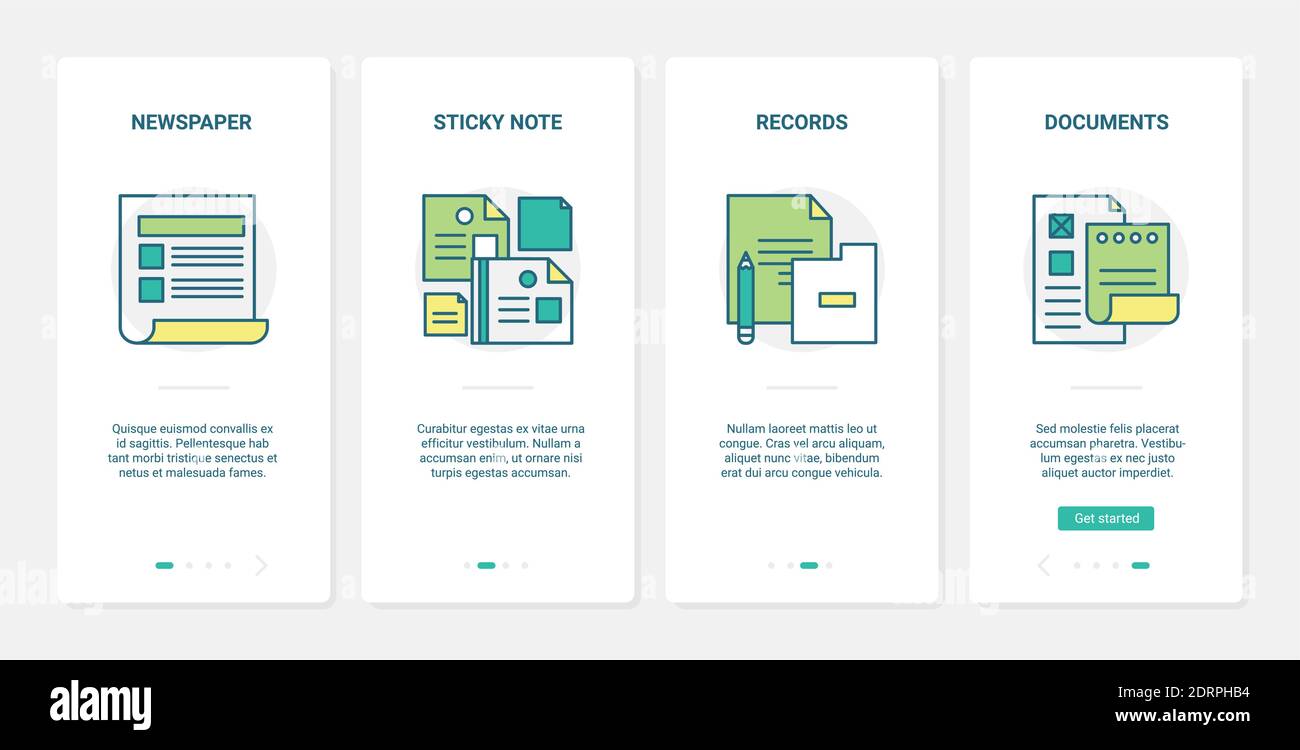 Documento aziendale, file di dati, illustrazione vettoriale. UX, UI onboarding mobile app page set con articolo di giornale cartaceo, nota adesiva per i record, elenco di controllo del pianificatore forma simboli di documentazione Illustrazione Vettoriale