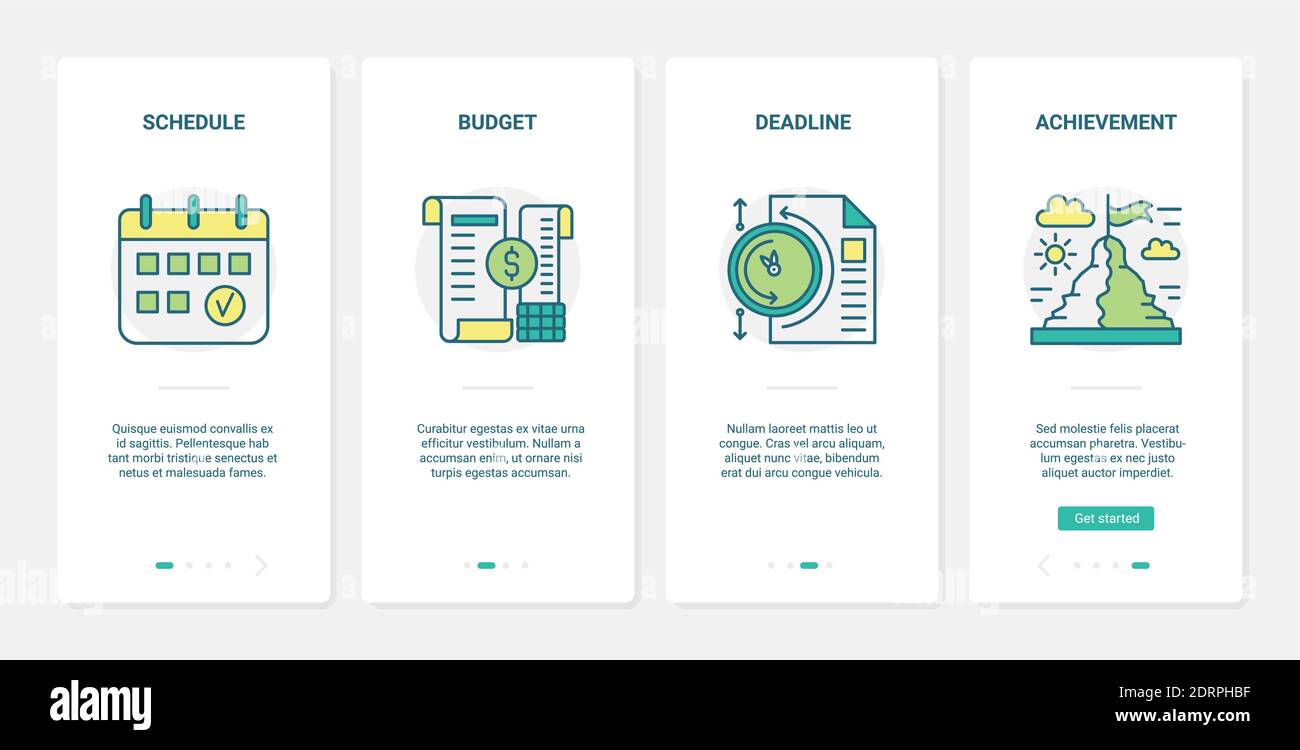 Illustrazione vettoriale della pianificazione aziendale del budget e della gestione del tempo. UX, interfaccia utente onboarding mobile app page set con line pianificazione calendario servizio finanziario, concetto di scadenza, simboli di raggiungimento Illustrazione Vettoriale