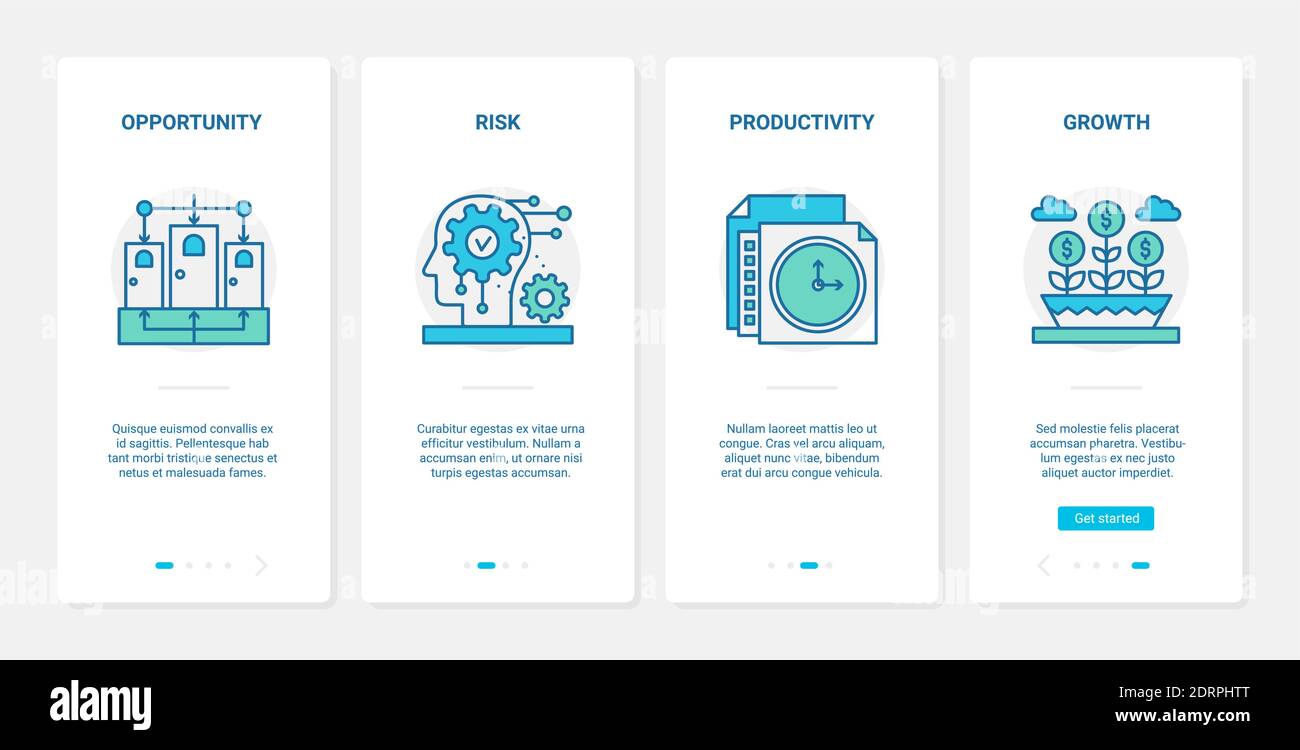 Opportunità di business di successo, illustrazione del vettore di produttività. UX, UI onboarding mobile app page set con line successo investimento crescita, protezione dei rischi, cervello e simboli di albero di denaro Illustrazione Vettoriale