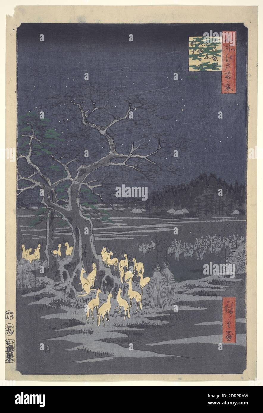 Artista: Utagawa Hiroshige, giapponese, 1797–1858, Capodanno, incendi di volpe da The Nettle Tree a Oji: Cento viste famose di Edo, 9° mese nel 1857, stampa in blocco di legno policromo, foglio: 14 1/16 × 9 7/16 pollici. (35.72 × 23.97 cm), Giappone, Giapponese, periodo Edo (1615–1868), opere su carta - stampe Foto Stock