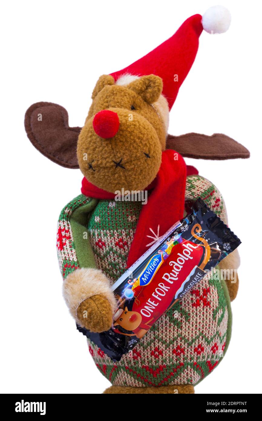 Renna dal naso rosso che tiene McVities Santa snack torta al cioccolato bar Uno per Rudolph Foto Stock