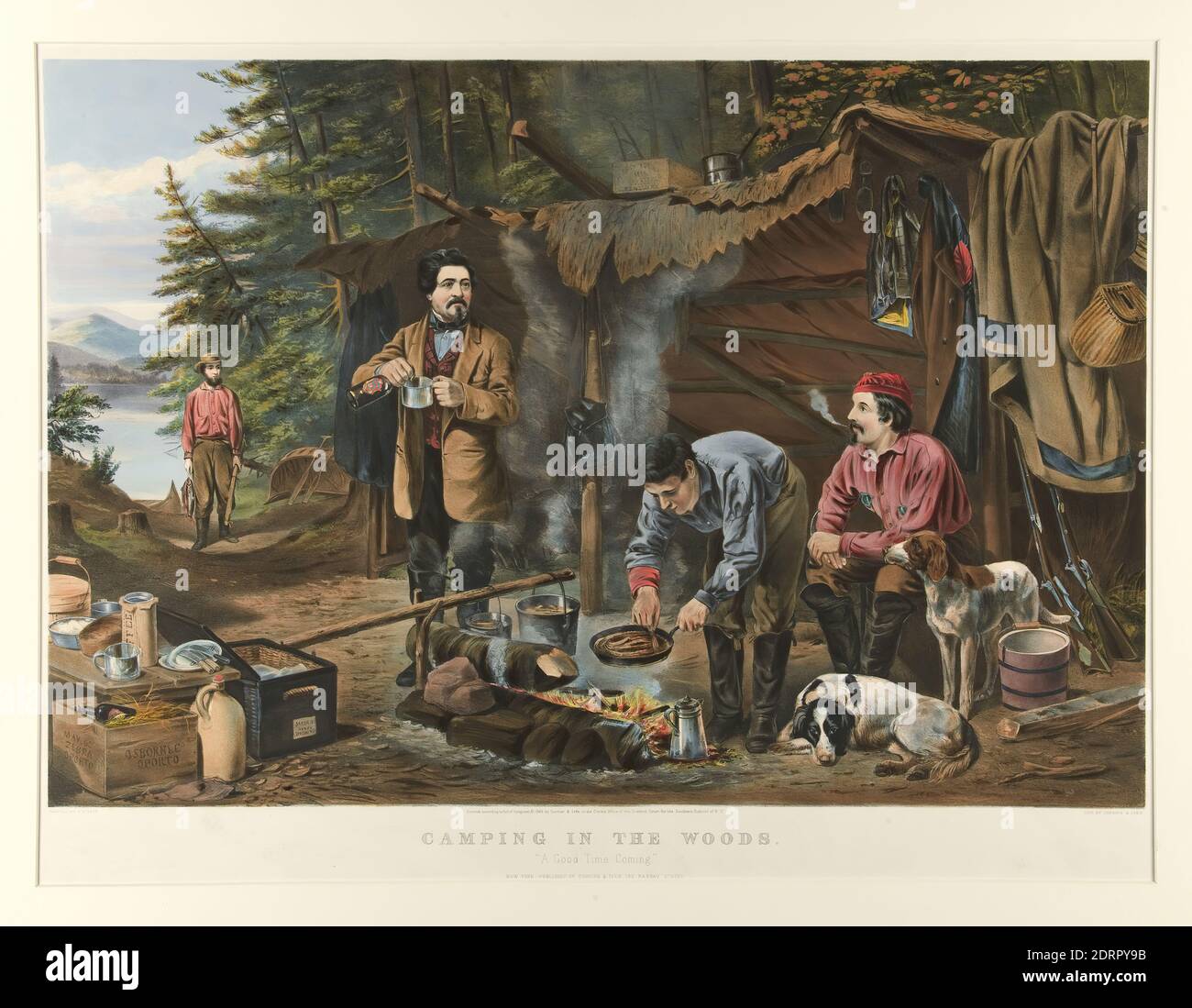 Artista: Currier &amp; Ives, americano, attivo 1834–1907, dopo: Arthur Fitzwilliam Tait, americano, 1819–1905, Camping in the Woods. Un buon momento venire, litografia colorata, 47.5 × 69.9 cm (18 11/16 × 27 1/2 in.), fatto negli Stati Uniti, americano, 19 ° secolo, opere su carta - stampe Foto Stock