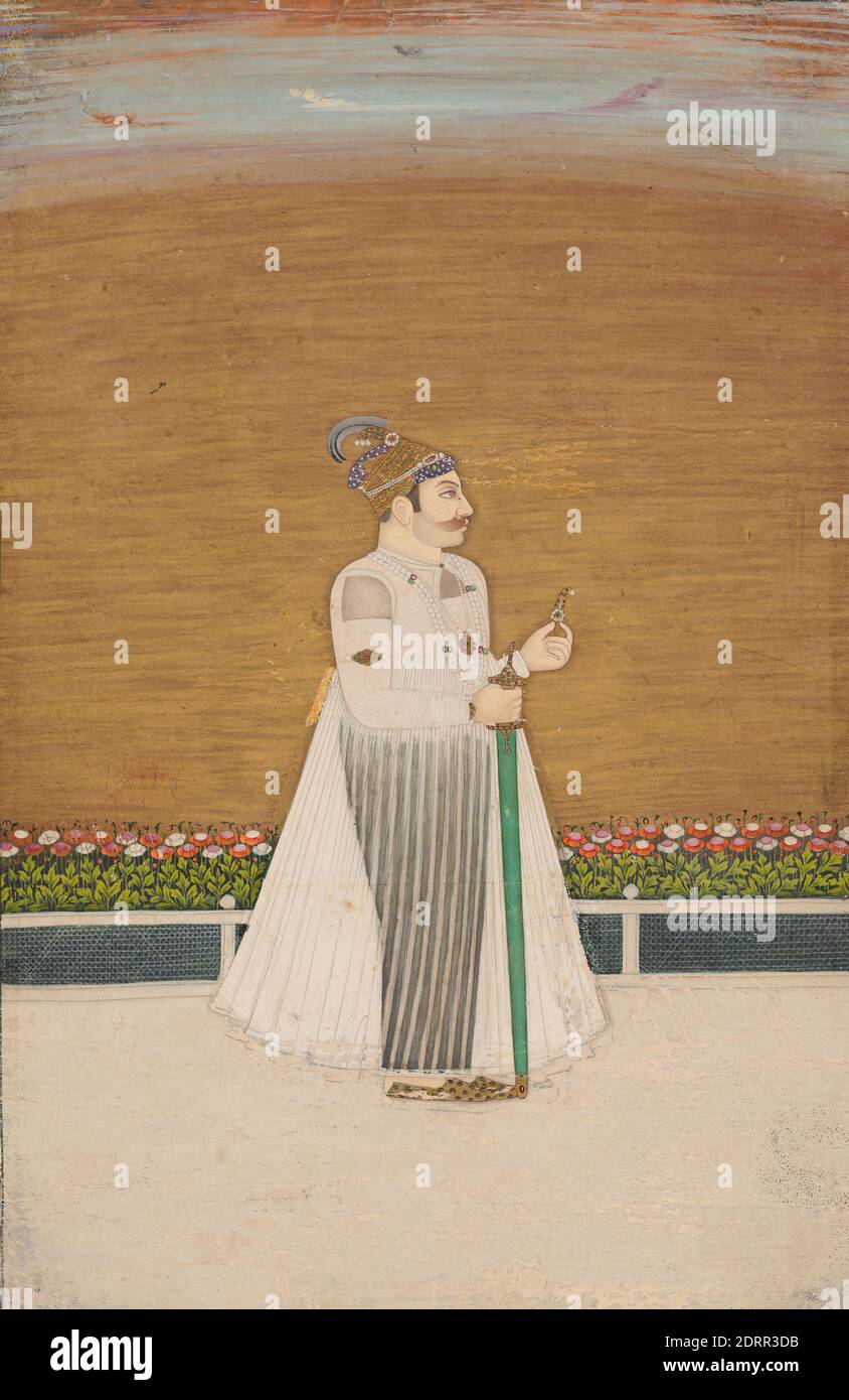 Artista: Hyderabad School, Ritratto di un Courtier non identificato, 18 ° secolo, acquerello opaco e oro su carta, 5 5/8 × 8 1/4 pollici. (14.3 × 21 cm), fabbricato a Hyderabad, Deccan, India, Indiano, Islamico, Deccan, India, dinastia Mughal (1526–1857), dipinti Foto Stock