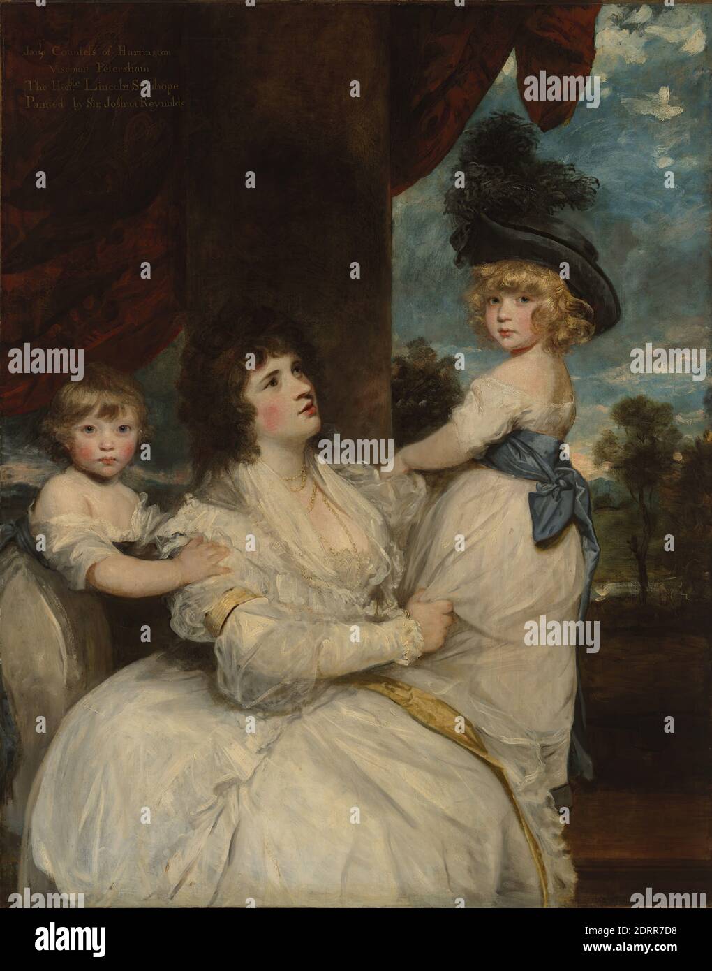 Artista: Sir Joshua Reynolds, britannico, 1723–1792, Ritratto di Jane, contessa di Harrington, con i suoi figli, il visconte Petersham e l'onorevole Lincoln Stanhope, olio su tela, 151.3 × 113.8 × 2.5 cm (59 9/16 × 44 13/16 × 1 in.), non in vista, inglese, XVIII secolo, dipinti Foto Stock